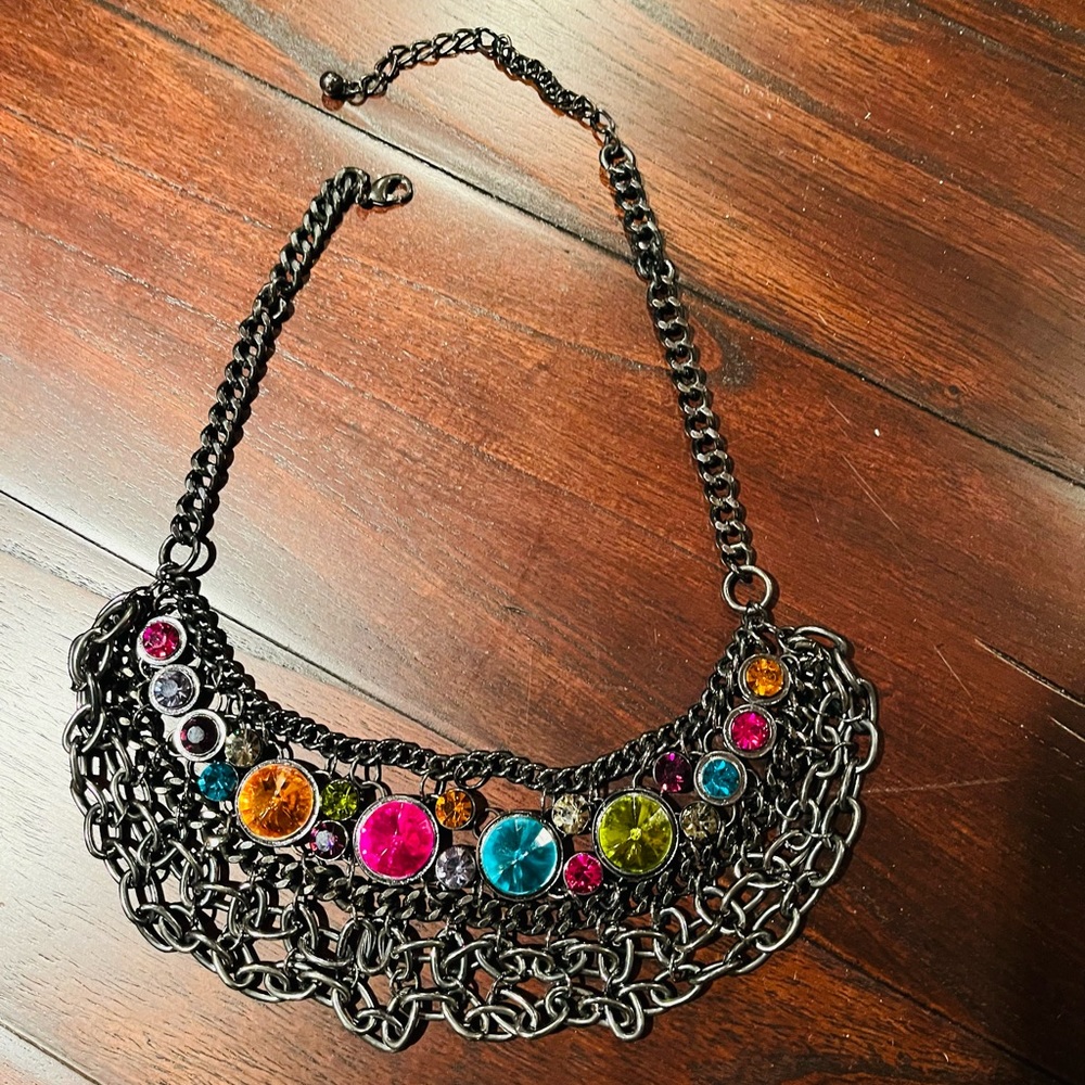 Pewter and multiple colored gem bib statement necklace
